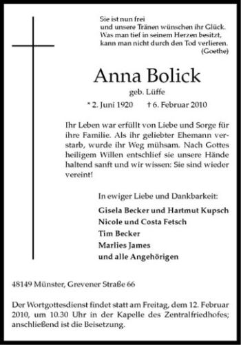 Anzeige von Anna Bolick von Westfälische Nachrichten