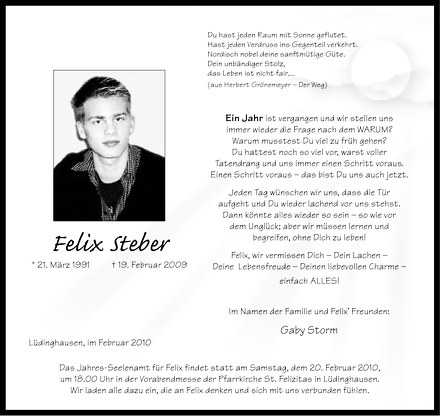  Traueranzeige für Felix Steber vom 19.02.2010 aus Westfälische Nachrichten