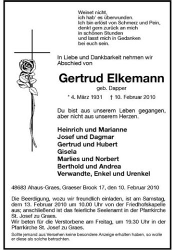 Anzeige von Gertrud Elkemann von Westfälische Nachrichten