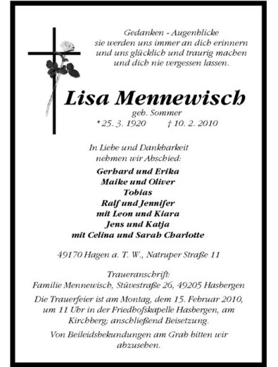  Traueranzeige für Lisa Mennewisch vom 12.02.2010 aus Westfälische Nachrichten