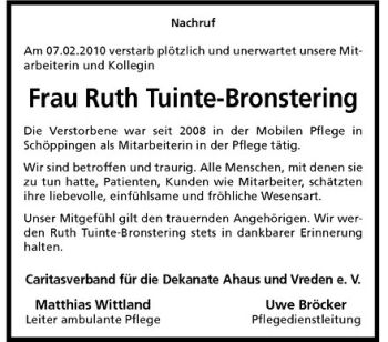 Anzeige von Ruth Tuinte-Bronstering von Westfälische Nachrichten