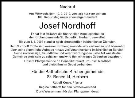  Traueranzeige für Josef Nordhoff vom 12.02.2010 aus Westfälische Nachrichten