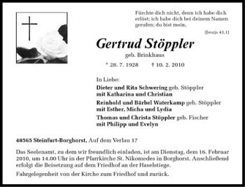 Anzeige von Gertrud Stöppler von Westfälische Nachrichten