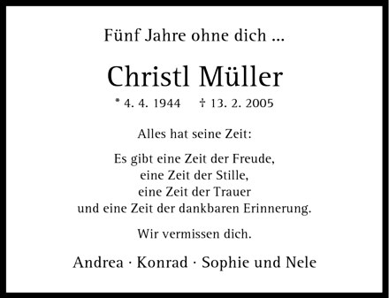  Traueranzeige für Christl Müller vom 13.02.2010 aus Westfälische Nachrichten