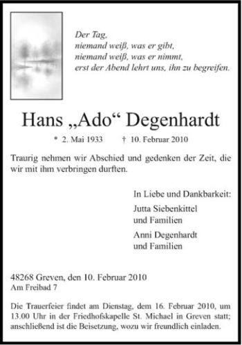 Anzeige von Hans Degenhardt von Westfälische Nachrichten
