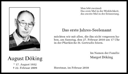  Traueranzeige für August Döking vom 20.02.2010 aus Westfälische Nachrichten