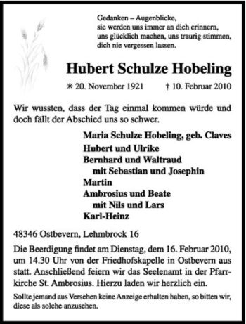Anzeige von Hubert Schulze Hobeling von Westfälische Nachrichten