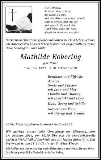  Traueranzeige für Mathilde Robering vom 13.02.2010 aus Westfälische Nachrichten