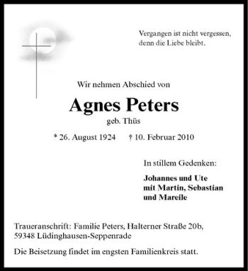 Anzeige von Agnes Peters von Westfälische Nachrichten