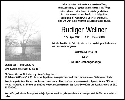  Traueranzeige für Rüdiger Wellner vom 15.02.2010 aus Westfälische Nachrichten