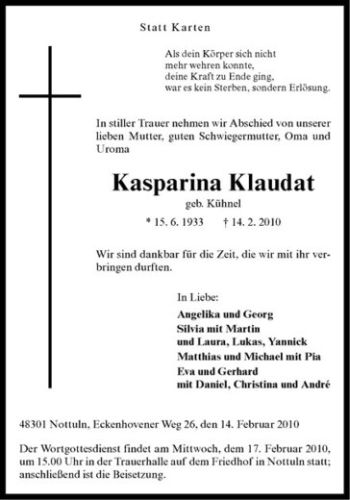 Anzeige von Kasparina Klaudat von Westfälische Nachrichten