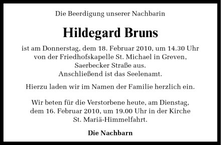  Traueranzeige für Hildegard Bruns vom 16.02.2010 aus Westfälische Nachrichten