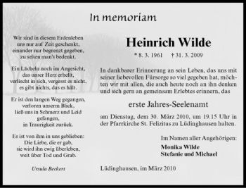 Anzeige von Heinrich Wilde von Westfälische Nachrichten