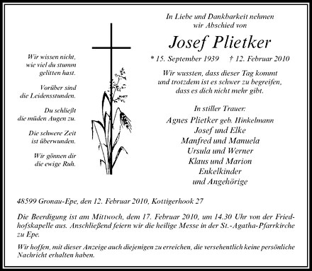  Traueranzeige für Josef Plietker vom 16.02.2010 aus Westfälische Nachrichten