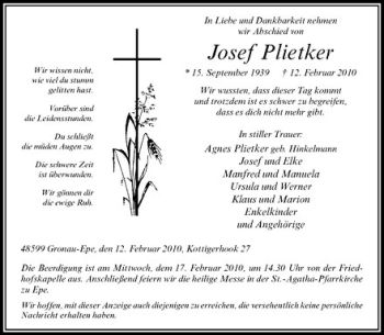 Anzeige von Josef Plietker von Westfälische Nachrichten