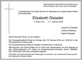 Anzeige von Elisabeth Gieseler von Westfälische Nachrichten