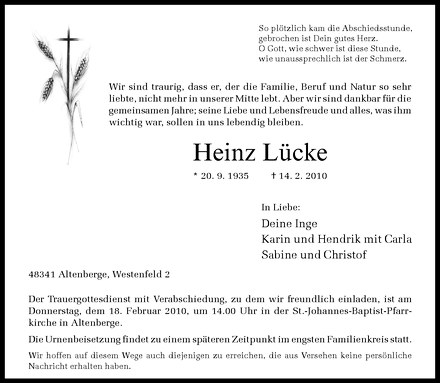  Traueranzeige für Heinz Lücke vom 16.02.2010 aus Westfälische Nachrichten