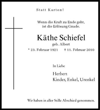 Anzeige von Käthe Schiefel von Westfälische Nachrichten
