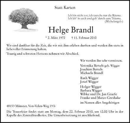  Traueranzeige für Helge Brandl vom 17.02.2010 aus Westfälische Nachrichten