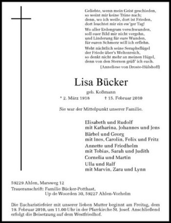 Anzeige von Lisa Bücker von Westfälische Nachrichten