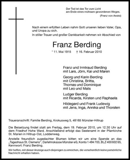  Traueranzeige für Franz Berding vom 17.02.2010 aus Westfälische Nachrichten