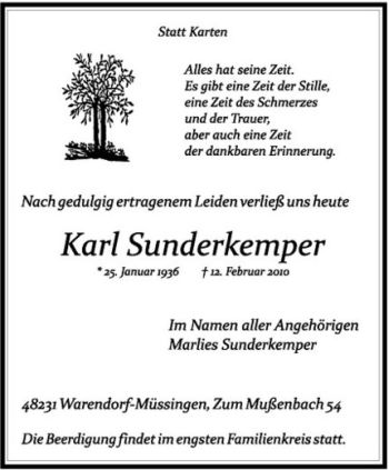 Anzeige von Karl Sunderkemper von Westfälische Nachrichten