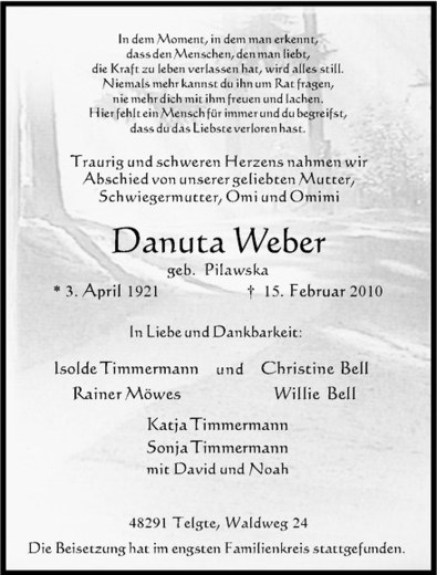 Traueranzeige für Danuta Weber vom 20.02.2010 aus Westfälische Nachrichten