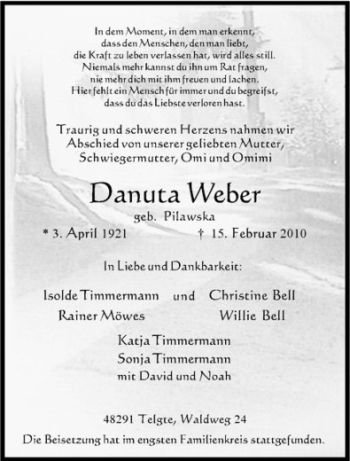 Anzeige von Danuta Weber von Westfälische Nachrichten