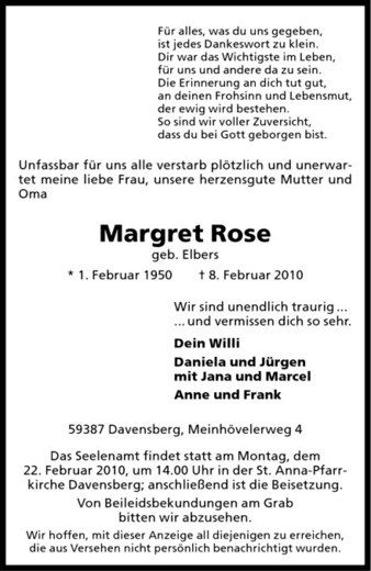 Anzeige von Margret Rose von Westfälische Nachrichten