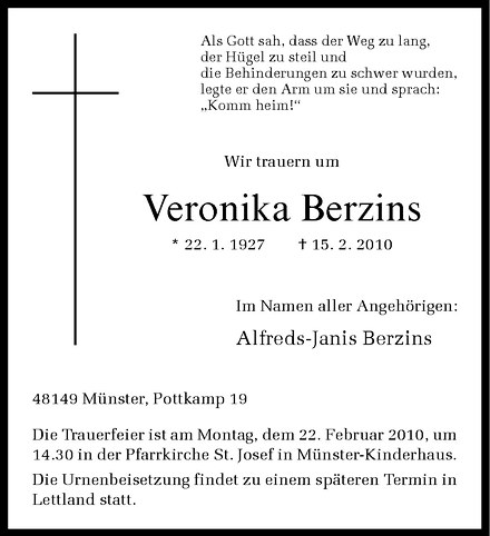 Traueranzeige für Veronika Berzins vom 20.02.2010 aus Westfälische Nachrichten