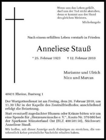 Anzeige von Anneliese Stauß von Westfälische Nachrichten