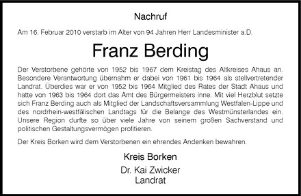  Traueranzeige für Franz Berding vom 19.02.2010 aus Westfälische Nachrichten