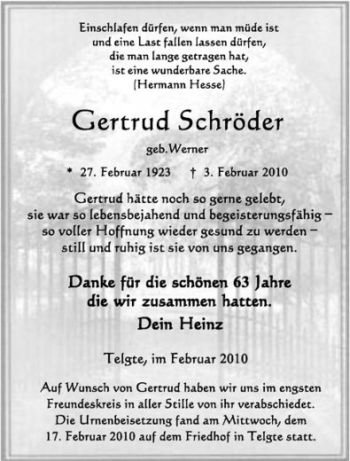 Anzeige von Gertrud Schröder von Westfälische Nachrichten