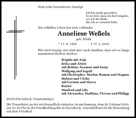  Traueranzeige für Anneliese Weßels vom 19.02.2010 aus Westfälische Nachrichten