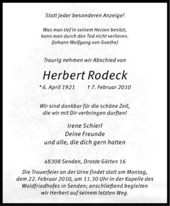 Anzeige von Herbert Rodeck von Westfälische Nachrichten
