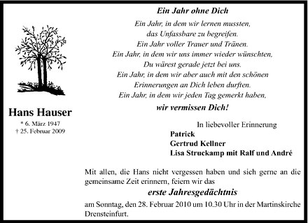  Traueranzeige für Hans Hauser vom 20.02.2010 aus Westfälische Nachrichten