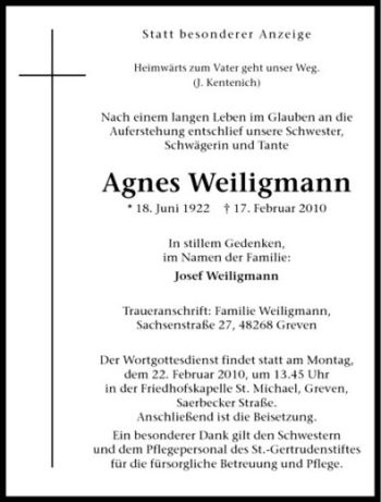 Anzeige von Agnes Weiligmann von Westfälische Nachrichten