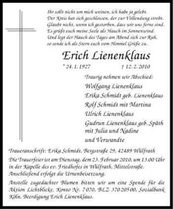 Anzeige von Erich Lienenklaus von Westfälische Nachrichten