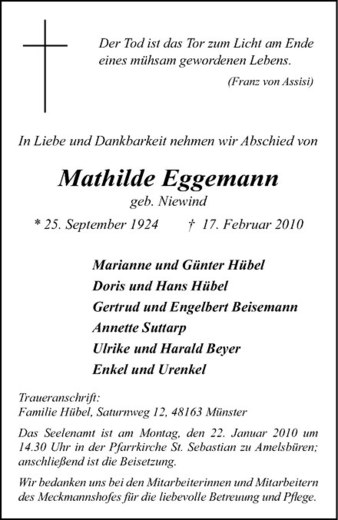  Traueranzeige für Mathilde Eggemann vom 19.02.2010 aus Westfälische Nachrichten