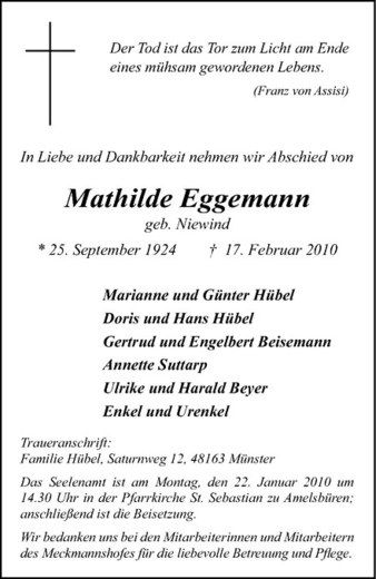 Anzeige von Mathilde Eggemann von Westfälische Nachrichten