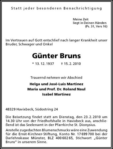  Traueranzeige für Günter Bruns vom 19.02.2010 aus Westfälische Nachrichten