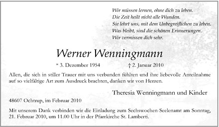  Traueranzeige für Werner Wenningmann vom 19.02.2010 aus Westfälische Nachrichten