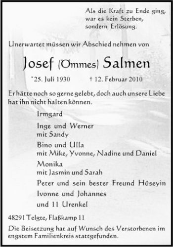 Anzeige von Josef Salmen von Westfälische Nachrichten