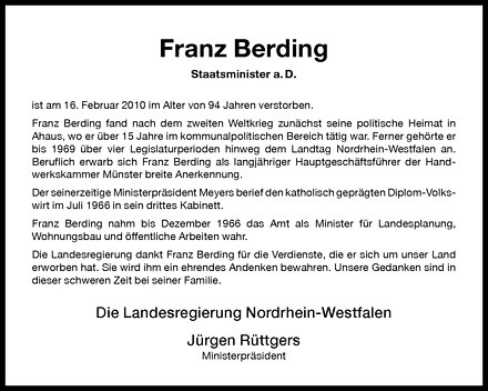  Traueranzeige für Franz Berding vom 20.02.2010 aus Westfälische Nachrichten