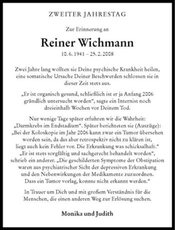Anzeige von Reiner Wichmann von Westfälische Nachrichten