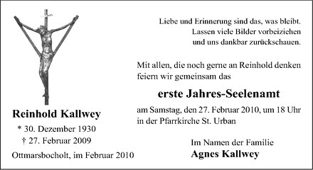  Traueranzeige für Reinhold Kallwey vom 20.02.2010 aus Westfälische Nachrichten