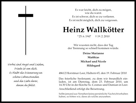 Traueranzeige für Heinz Wallkötter vom 20.02.2010 aus Westfälische Nachrichten