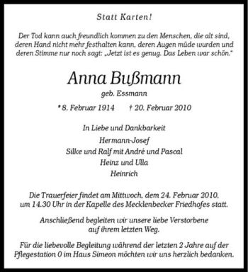 Anzeige von Anna Bußmann von Westfälische Nachrichten