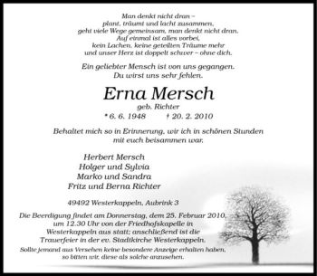 Anzeige von Erna Mersch von Westfälische Nachrichten