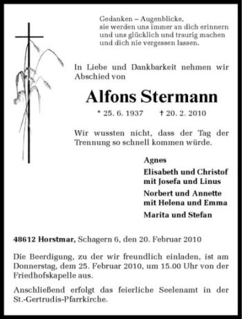 Anzeige von Alfons Stermann von Westfälische Nachrichten
